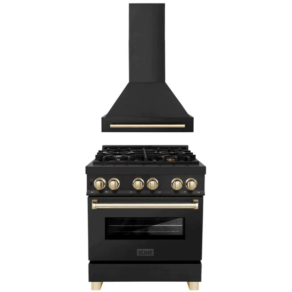 ZLINE 30" Autograph Edition Kitchen Package with Black Stainless Steel Dual Fuel Range and Range Hood with Gold Accents