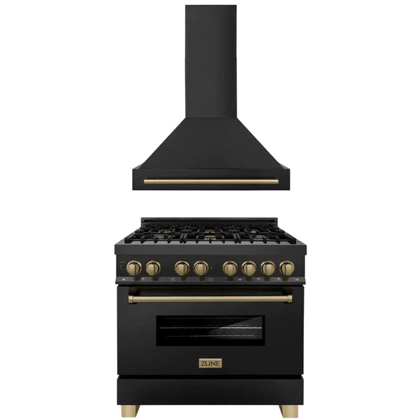 ZLINE 36" Autograph Edition Kitchen Package with Black Stainless Steel Dual Fuel Range and Range Hood with Champagne Bronze Accents