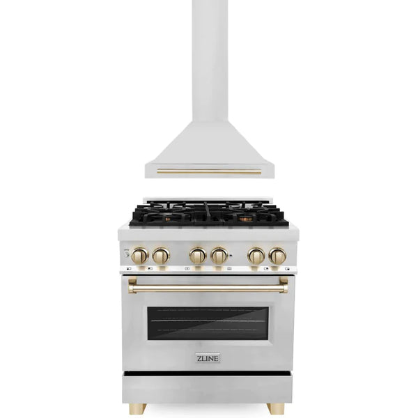 ZLINE 30" Autograph Edition Kitchen Package with Stainless Steel Dual Fuel Range and Range Hood with Gold Accents