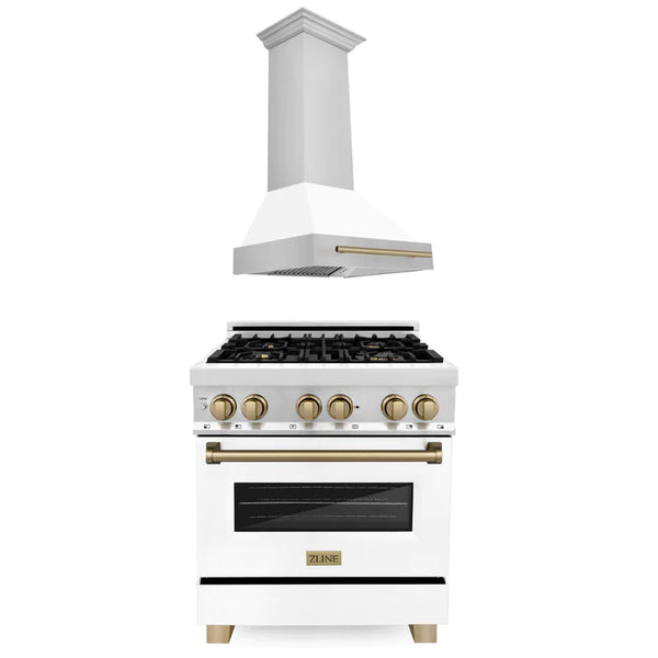 ZLINE 30" Autograph Edition Kitchen Package with Stainless Steel Dual Fuel Range with White Matte Door and Range Hood with Champagne Bronze Accents