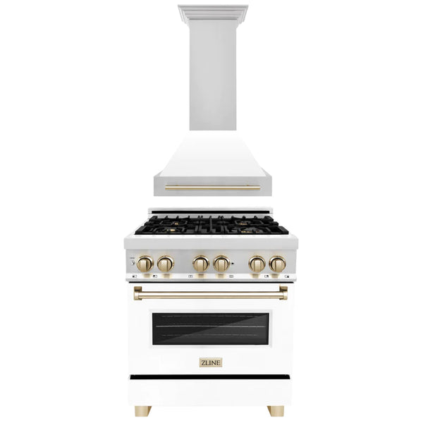 ZLINE 30" Autograph Edition Kitchen Package with Stainless Steel Dual Fuel Range with White Matte Door and Range Hood with Gold Accents