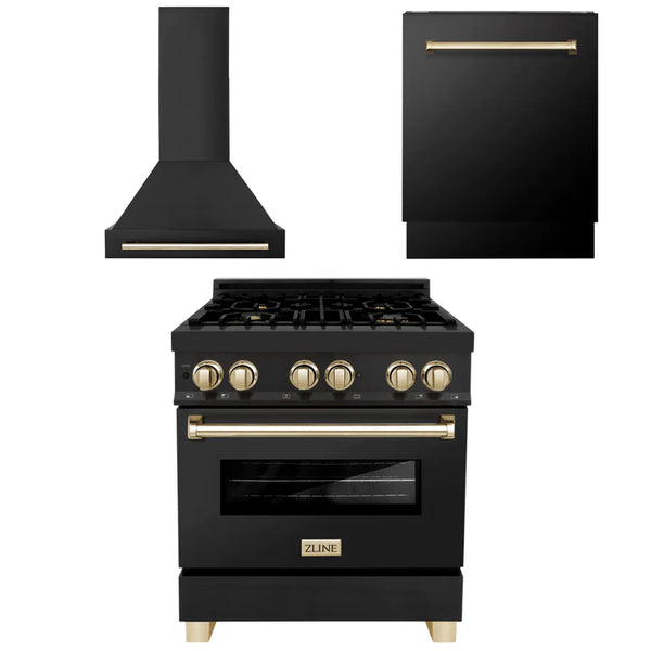 ZLINE 30" Autograph Edition Kitchen Package with Black Stainless Steel Dual Fuel Range, Range Hood and Dishwasher with Gold Accents