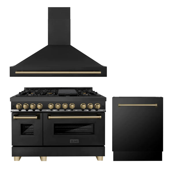 ZLINE 36" Autograph Edition Kitchen Package with Black Stainless Steel Dual Fuel Range, Range Hood and Dishwasher with Champagne Bronze Accents