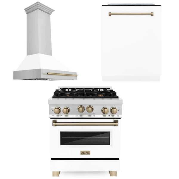 ZLINE 30" Autograph Edition Kitchen Package with Stainless Steel Gas Range with White Matte Door, Range Hood and Dishwasher with Champagne Bronze Accents