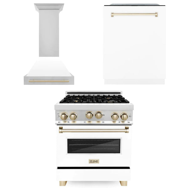 ZLINE 30" Autograph Edition Kitchen Package with Stainless Steel Gas Range with White Matte Door, Range Hood and Dishwasher with Gold Accents