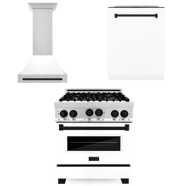 ZLINE 30" Autograph Edition Kitchen Package with Stainless Steel Gas Range with White Matte Door, Range Hood and Dishwasher with Matte Black Accents