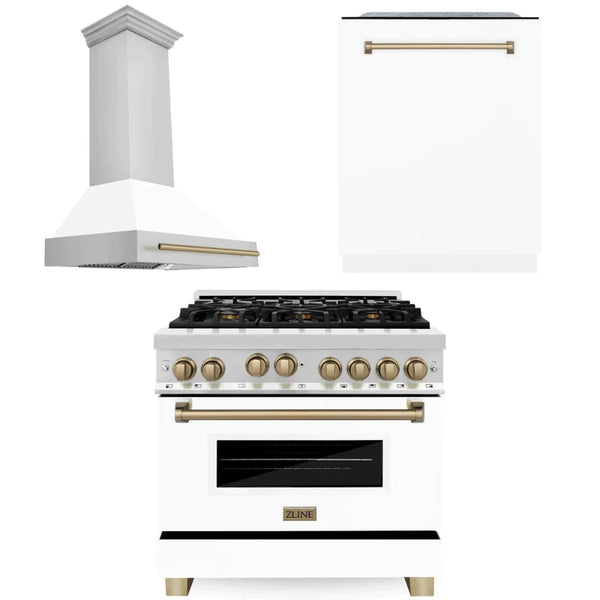 ZLINE 36" Autograph Edition Kitchen Package with Stainless Steel Gas Range with White Matte Door, Range Hood and Dishwasher with Champagne Bronze Accents