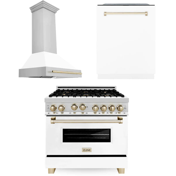 ZLINE 36" Autograph Edition Kitchen Package with Stainless Steel Gas Range with White Matte Door, Range Hood and Dishwasher with Gold Accents