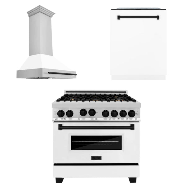 ZLINE 36" Autograph Edition Kitchen Package with Stainless Steel Gas Range with White Matte Door, Range Hood and Dishwasher with Matte Black Accents