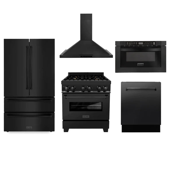 ZLINE Kitchen Package with Black Stainless Steel Refrigeration, 30" Dual Fuel Range, 30" Range Hood, Microwave Drawer, and 24" Tall Tub Dishwasher