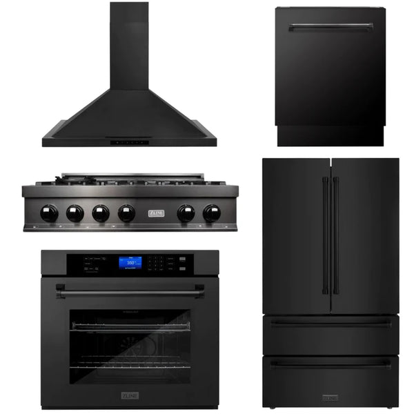 ZLINE Kitchen Package with Black Stainless Steel Refrigeration, 36" Rangetop, 36" Range Hood, 30" Single Wall Oven, and 24" Tall Tub Dishwasher