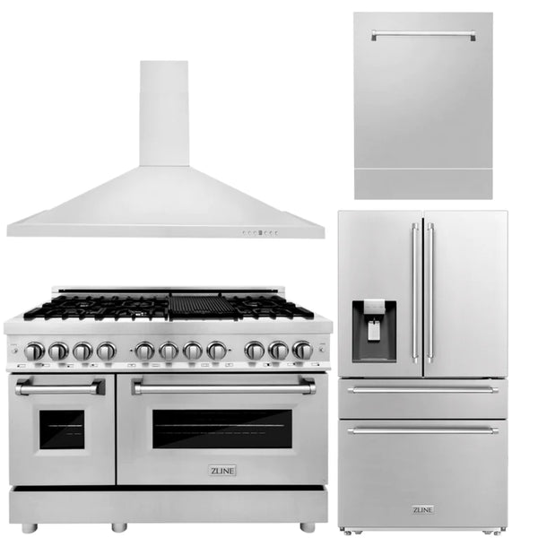 ZLINE Kitchen Package with Water and Ice Dispenser Refrigerator, 48" Gas Range, 48" Range Hood, and 24" Tall Tub Dishwasher