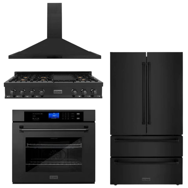 ZLINE Kitchen Package with Black Stainless Steel Refrigeration, 48" Rangetop, 48" Range Hood and 30" Single Wall Oven