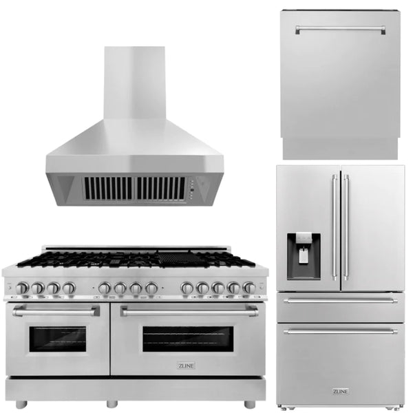 ZLINE Kitchen Package with Water and Ice Dispenser Refrigerator, 60" Dual Fuel Range, 60" Range Hood, and 24" Tall Tub Dishwasher