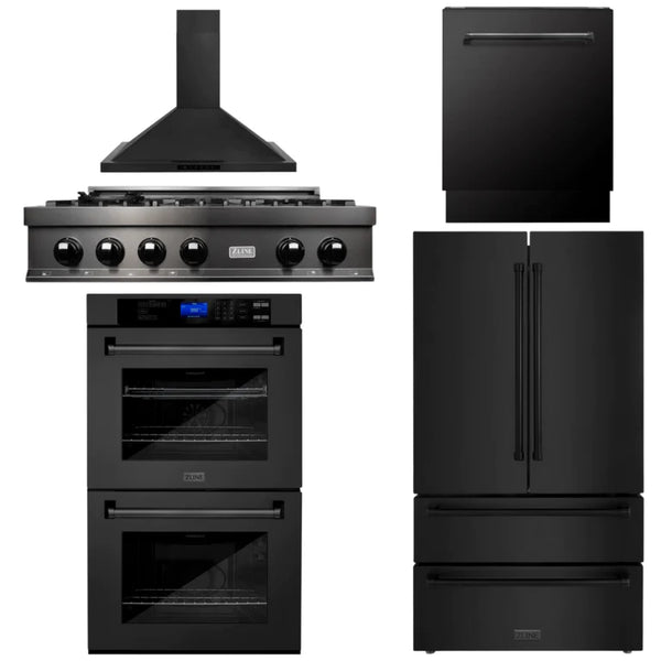 ZLINE Kitchen Package with Black Stainless Steel Refrigeration, 36" Rangetop, 36" Range Hood, 30" Double Wall Oven, and 24" Tall Tub Dishwasher