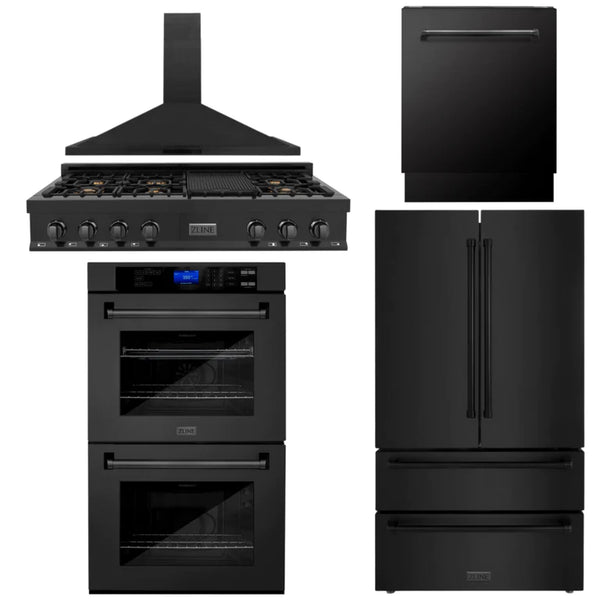ZLINE Kitchen Package with Black Stainless Steel Refrigeration, 48" Rangetop, 48" Range Hood, 30" Double Wall Oven, and 24" Tall Tub Dishwasher