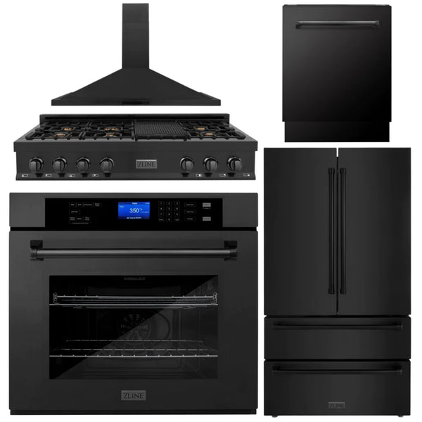 ZLINE Kitchen Package with Black Stainless Steel Refrigeration, 48" Rangetop, 48" Range Hood, 30" Single Wall Oven, and 24" Tall Tub Dishwasher