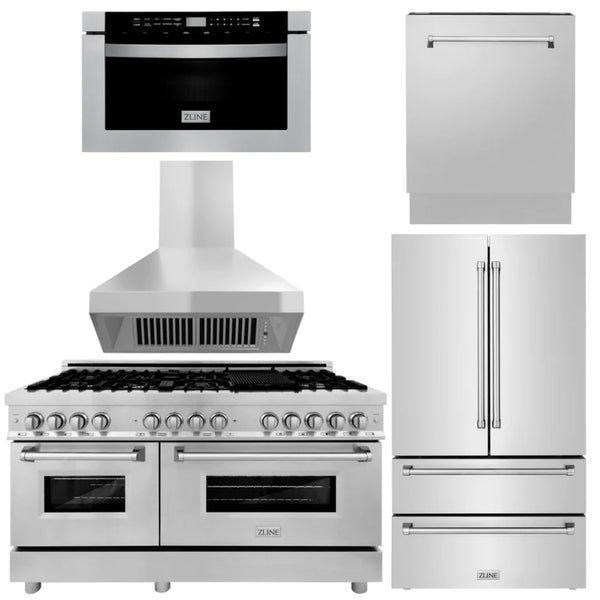 ZLINE Kitchen Package with Refrigeration, 60" Stainless Steel Dual Fuel Range, 60" Range Hood, Microwave Drawer, and 24" Tall Tub Dishwasher
