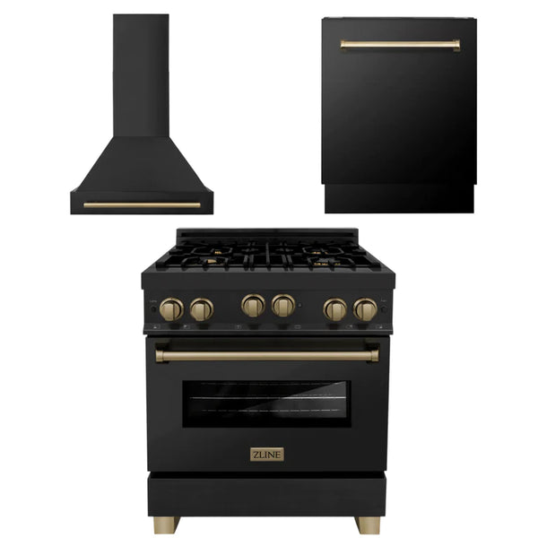 ZLINE 30" Autograph Edition Kitchen Package with Black Stainless Steel Gas Range, Range Hood and Dishwasher with Champagne Bronze Accents