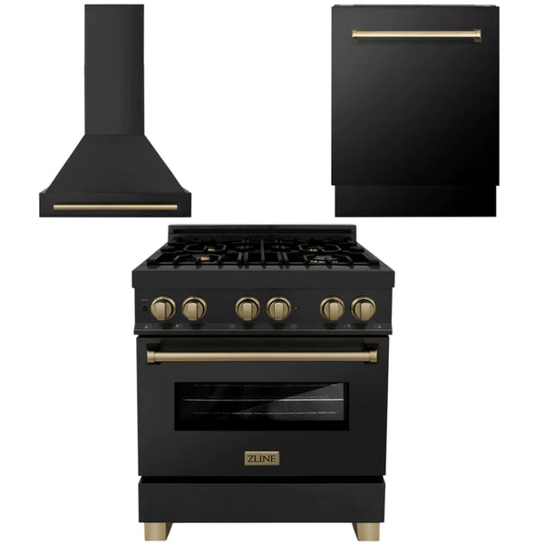 ZLINE 30" Autograph Edition Kitchen Package with Black Stainless Steel Dual Fuel Range, Range Hood and Dishwasher with Champagne Bronze Accents