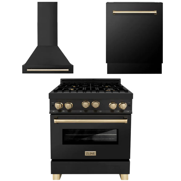 ZLINE 30" Autograph Edition Kitchen Package with Black Stainless Steel Gas Range, Range Hood and Dishwasher with Gold Accents