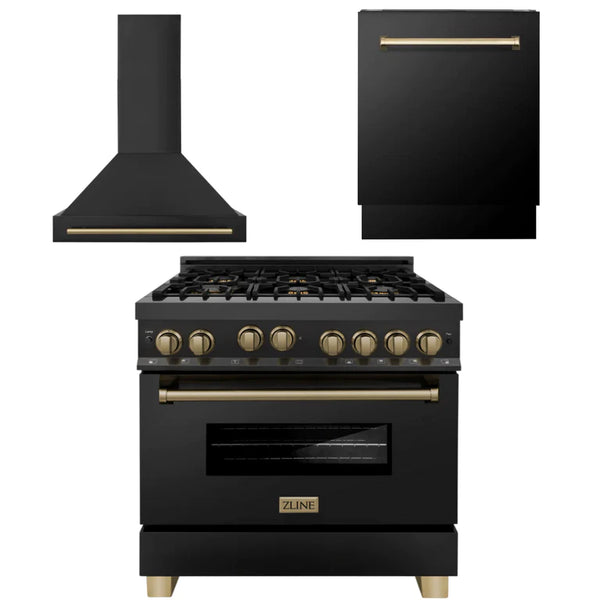ZLINE 36" Autograph Edition Kitchen Package with Black Stainless Steel Gas Range, Range Hood and Dishwasher with Champagne Bronze Accents