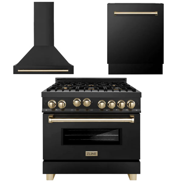 ZLINE 36" Autograph Edition Kitchen Package with Black Stainless Steel Gas Range, Range Hood and Dishwasher with Gold Accents