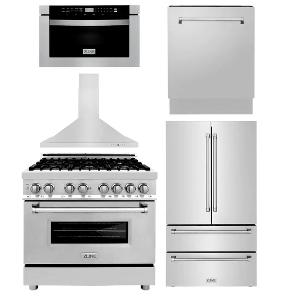 ZLINE Kitchen Package with Refrigeration, 36" Stainless Steel Dual Fuel Range, 36" Range Hood, Microwave Drawer, and 24" Tall Tub Dishwasher