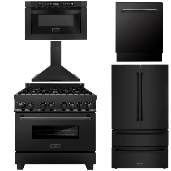 ZLINE Kitchen Package with Black Stainless Steel Refrigeration, 36" Dual Fuel Range, 36" Range Hood, Microwave Drawer, and 24" Tall Tub Dishwasher