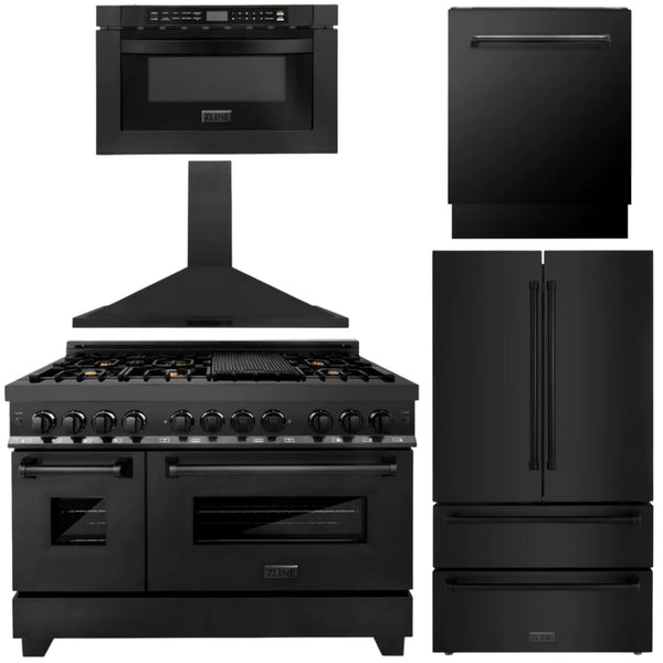 ZLINE Kitchen Package with Black Stainless Steel Refrigeration, 48" Dual Fuel Range, 48" Range Hood, Microwave Drawer, and 24" Tall Tub Dishwasher