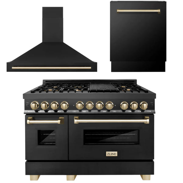 ZLINE 36" Autograph Edition Kitchen Package with Black Stainless Steel Dual Fuel Range, Range Hood and Dishwasher with Gold Accents