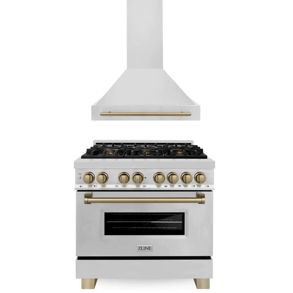 ZLINE 36" Autograph Edition Kitchen Package with Stainless Steel Dual Fuel Range and Range Hood with Champagne Bronze Accents