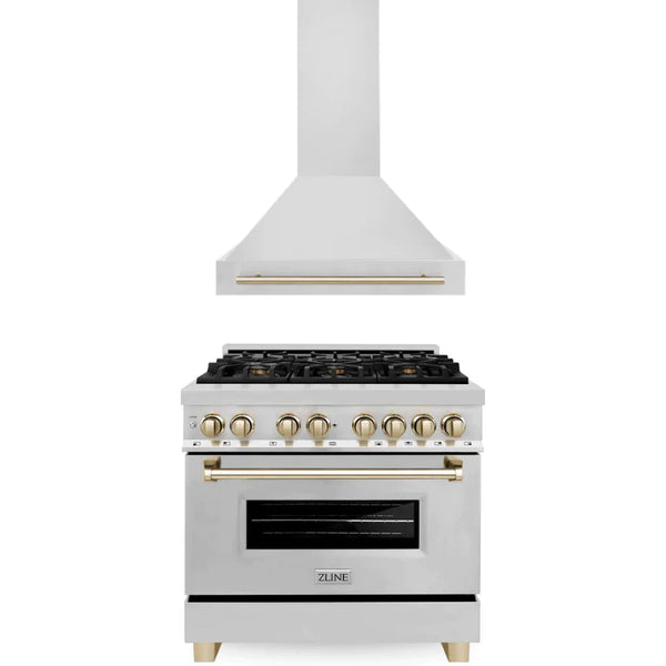 ZLINE 36" Autograph Edition Kitchen Package with Stainless Steel Dual Fuel Range and Range Hood with Gold Accents