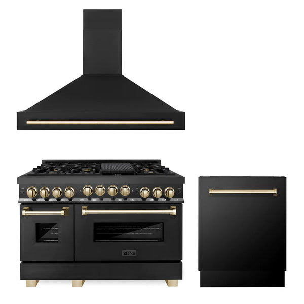 ZLINE 48" Autograph Edition Kitchen Package with Black Stainless Steel Gas Range, Range Hood and Dishwasher with Gold Accents