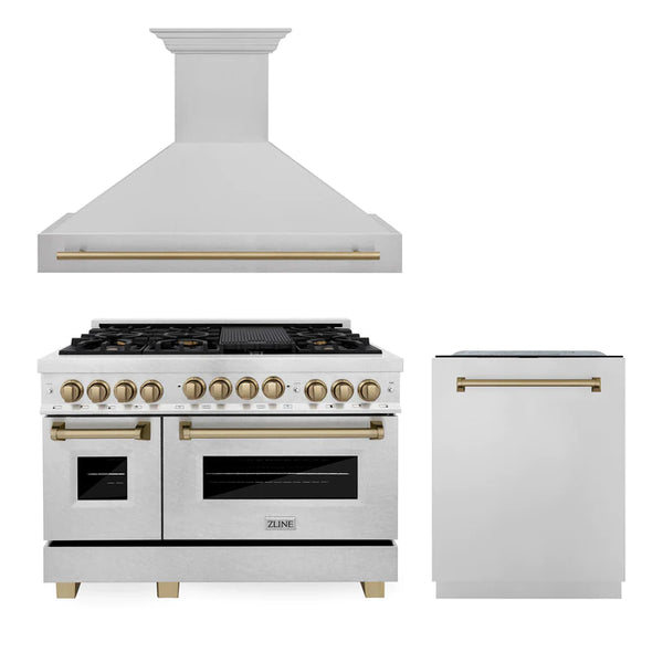 ZLINE 48" Autograph Edition Kitchen Package with Fingerprint Resistant Stainless Steel Gas Range, Range Hood and Dishwasher with Champagne Bronze Accents
