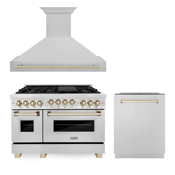 ZLINE 48" Autograph Edition Kitchen Package with Fingerprint Resistant Stainless Steel Gas Range, Range Hood and Dishwasher with Gold Accents