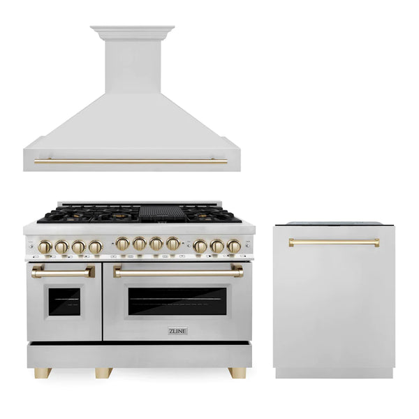ZLINE 48" Autograph Edition Kitchen Package with Stainless Steel Gas Range, Range Hood and Dishwasher with Gold Accents