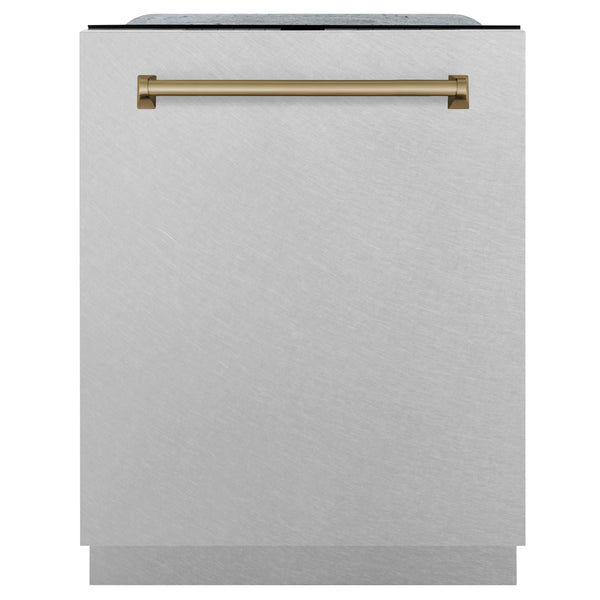 ZLINE Autograph Edition 24" 3rd Rack Top Touch Control Tall Tub Dishwasher in Fingerprint Resistant Stainless Steel with Champagne Bronze Handle, 45dBa (DWMTZ-SN-24-CB)