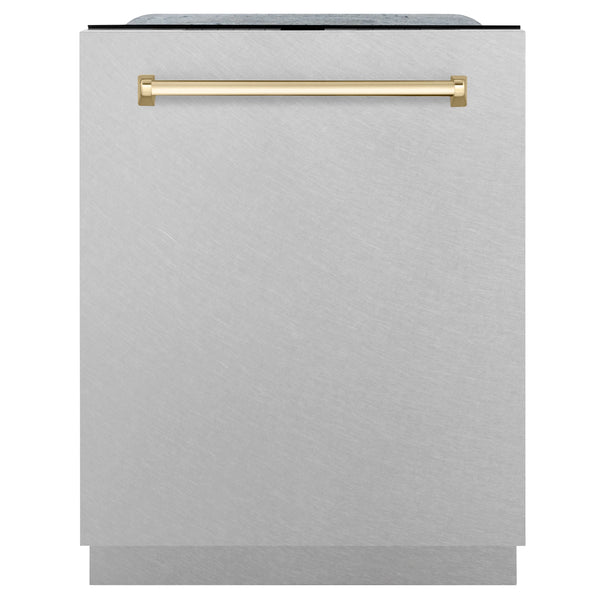 ZLINE Autograph Edition 24" 3rd Rack Top Touch Control Tall Tub Dishwasher in Fingerprint Resistant Stainless Steel with Gold Handle, 45dBa (DWMTZ-SN-24-G)