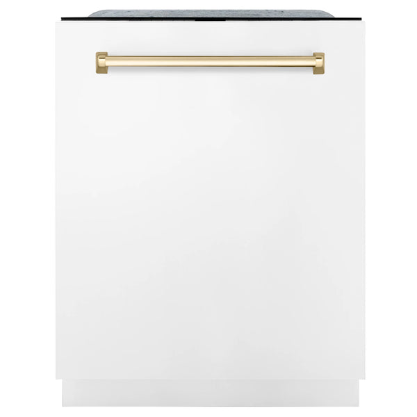 ZLINE Autograph Edition 24" 3rd Rack Top Touch Control Tall Tub Dishwasher in White Matte with Gold Handle, 45dBa (DWMTZ-WM-24-G)