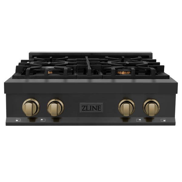 ZLINE Autograph Edition 30" Porcelain Rangetop with 4 Gas Burners in Black Stainless Steel and Champagne Bronze Accents (RTBZ-30-CB)