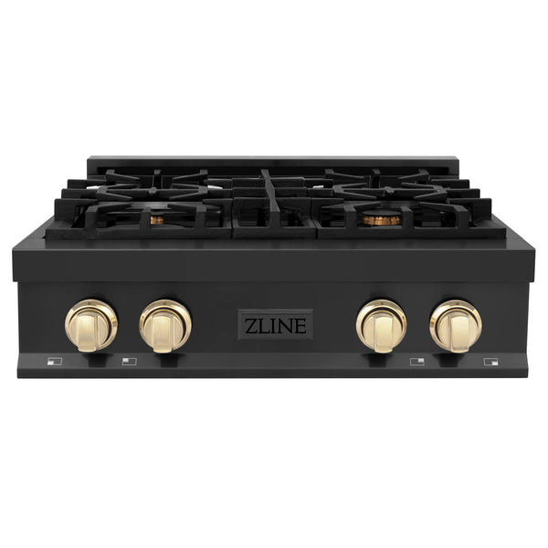 ZLINE Autograph Edition 30" Porcelain Rangetop with 4 Gas Burners in Black Stainless Steel and Gold Accents (RTBZ-30-G)