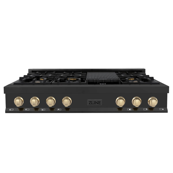 ZLINE Autograph Edition 48" Porcelain Rangetop with 7 Gas Burners in Black Stainless Steel and Gold Accents (RTBZ-48-G)