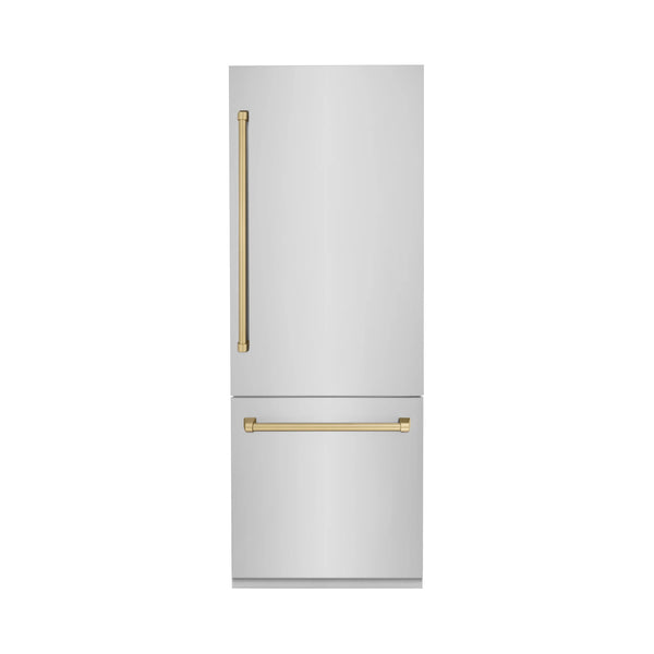 ZLINE 30" Autograph Edition 16.1 cu. ft. Built-in 2-Door Bottom Freezer Refrigerator with Internal Water and Ice Dispenser in Stainless Steel with Champagne Bronze Accents