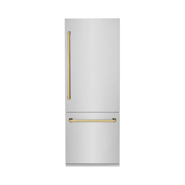 ZLINE 30" Autograph Edition 16.1 cu. ft. Built-in 2-Door Bottom Freezer Refrigerator with Internal Water and Ice Dispenser in Stainless Steel with Gold Accents