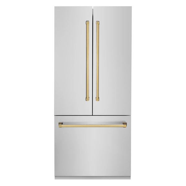 ZLINE 36" Autograph Edition 19.6 cu. ft. Built-in 2-Door Bottom Freezer Refrigerator with Internal Water and Ice Dispenser in Stainless Steel with Gold Accents