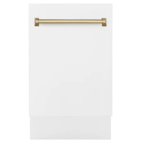 ZLINE Autograph Edition 18" Compact 3rd Rack Top Control Built-In Dishwasher in White Matte with Champagne Bronze Handle, 51dBa (DWVZ-WM-18-CB)