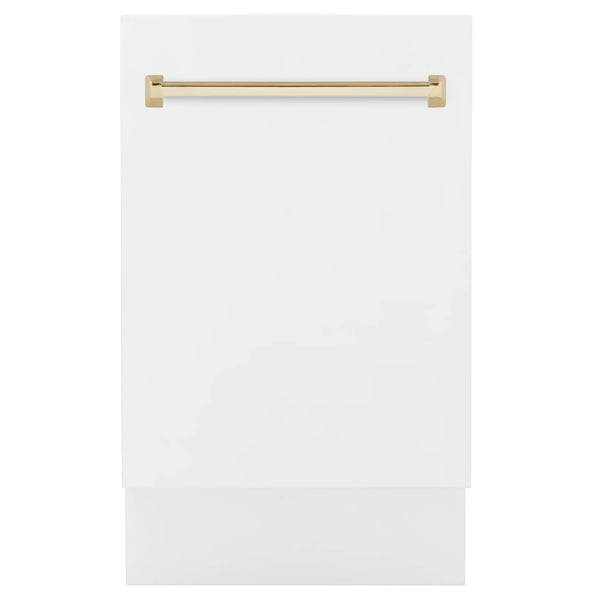ZLINE Autograph Edition 18" Compact 3rd Rack Top Control Built-In Dishwasher in White Matte with Gold Handle, 51dBa (DWVZ-WM-18-G)