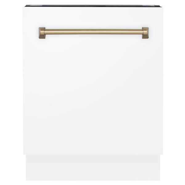 ZLINE Autograph Edition 24" 3rd Rack Top Control Built-In Tall Tub Dishwasher in White Matte with Champagne Bronze Handle, 51dBa (DWVZ-WM-24-CB)