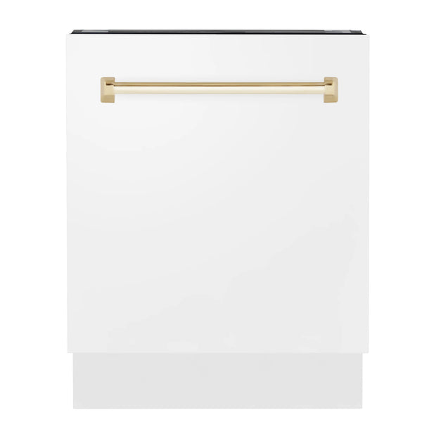 ZLINE Autograph Edition 24" 3rd Rack Top Control Built-In Tall Tub Dishwasher in White Matte with Gold Handle, 51dBa (DWVZ-WM-24-G)